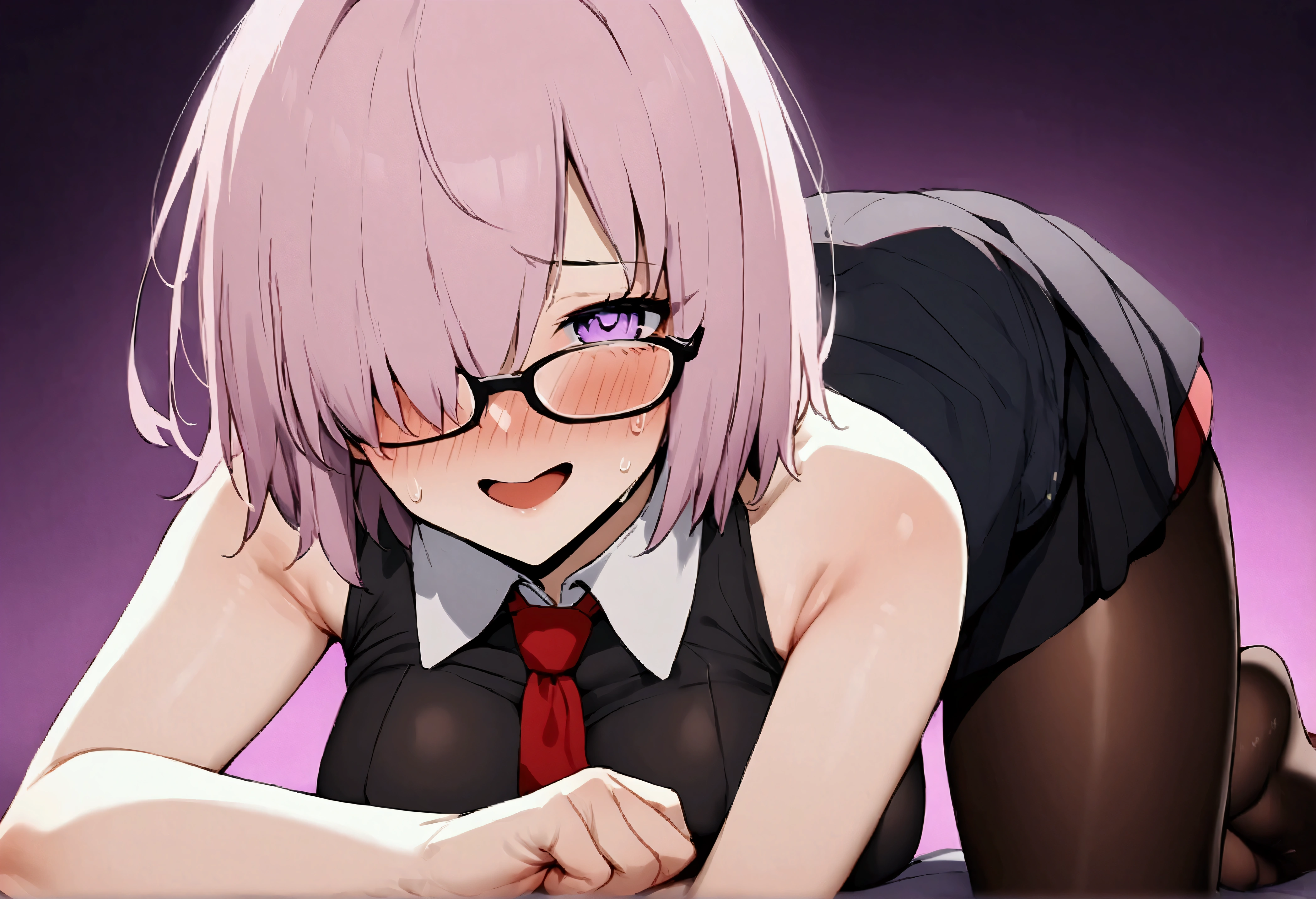 NSFW,masterpiece,Highest quality,High resolution,Very detailed,Mash Kyrielight\(Fate/grandorder\),short hair,Purple Eyes,Pink Hair,(Hair over one eye:1.2),Glasses,Collared shirt,(White collar:1.1),Black Shirt,tie,赤いtie,Sleeveless,Off the shoulder,mini skirt,Black Skirt,(Black Pantyhose:1.2),Nightlife,cyber punk,Love Hotel,Lustful face,Excited face,Embarrassed,(Prostitute),Prone,Lift your butt