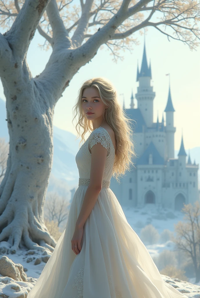 Create a with dark blonde hair wearing a dress in front of a white tree with a castle behind it