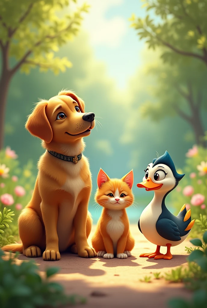 A dog with a cat and a duck