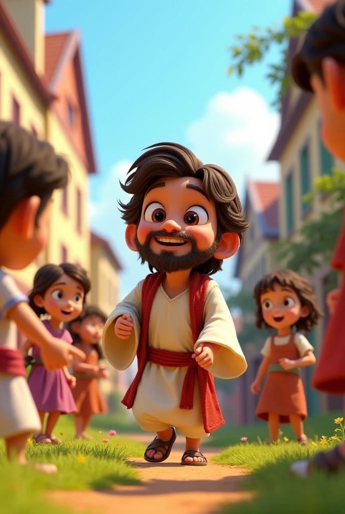 A 3D movie poster in Disney-Pixar style of Jesus as a kid he and his friends were playing