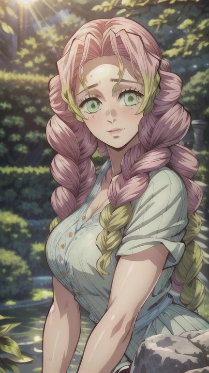 a mysterious woman in a garden, elegant detailed portrait, beautiful glowing skin, deep piercing eyes, long flowing hair, delicate features, serene expression, sunlight streaming through trees, lush green foliage, ornate stone fountain, intricate floral patterns, dreamy soft focus, cinematic lighting, vibrant colors, (best quality,4k,8k,highres,masterpiece:1.2),ultra-detailed,(realistic,photorealistic,photo-realistic:1.37)