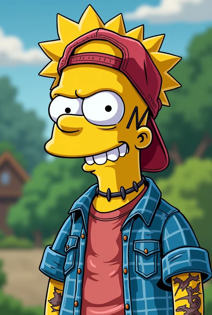 photo Bart with a cap backwards axel rose style blue plaid shirt grunge day with yellow smile tie dye shirt beautiful day green