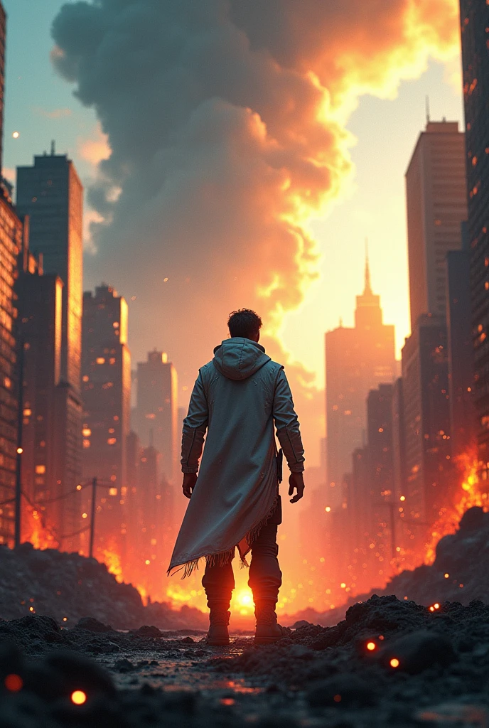 Describe a modern city in ruins at sunset. En el centro de la imagen, the protagonist, a scientist with an expression of determination and despair, wears a damaged tech suit. The city around him is being swallowed by a fissure in the earth, with lava and toxic fumes rising into the air. Ao fundo, we see a divided sky, with one half still blue and the other covered by dark clouds and lightning. The atmosphere must be dramatic, capturing both the sense of loss and the struggle for survival. Image quality must be realistic 3D, with detailed lighting that emphasizes the contrast between hope and despair.