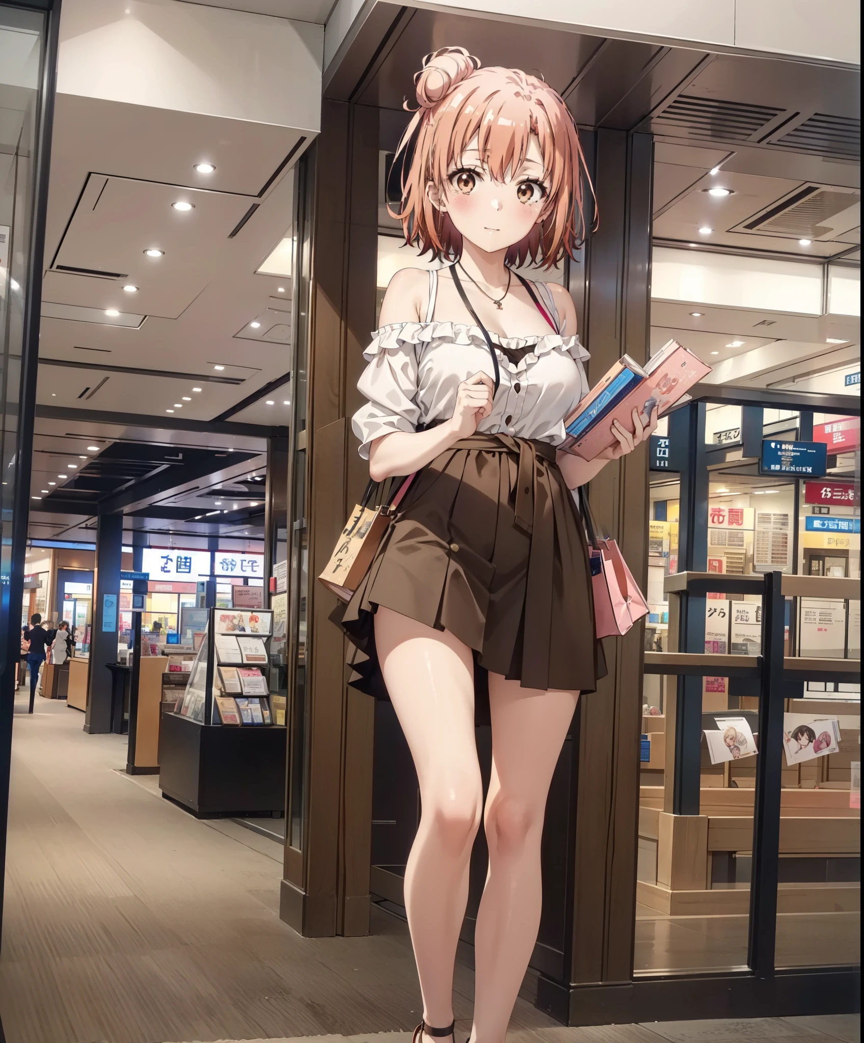yuiyuigahama, yui yuigahama, short hair, (Brown eyes:1.5), (Pink Hair:1.2), Hair Bun, single Hair Bun,Big Breasts,smile,blush,Open your mouth,Off-the-shoulder dress,Bare shoulders,bare clavicle,Bare neck,Rocket Pendant,mini skirt,Cute heeled sandals,Daytime,Clear skies,Walking,whole bodyがイラストに入るように,
break indoors,Shopping mall,
break looking at viewer, whole body,
break (masterpiece:1.2), Highest quality, High resolution, unity 8k wallpaper, (figure:0.8), (Beautiful attention to detail:1.6), Highly detailed face, Perfect lighting, Highly detailed CG, (Perfect hands, Perfect Anatomy),