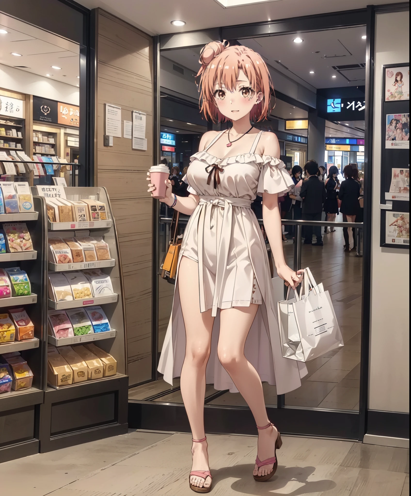 yuiyuigahama, yui yuigahama, short hair, (Brown eyes:1.5), (Pink Hair:1.2), Hair Bun, single Hair Bun,Big Breasts,smile,blush,Open your mouth,Off-the-shoulder dress,Bare shoulders,bare clavicle,Bare neck,Rocket Pendant,mini skirt,Cute heeled sandals,Daytime,Clear skies,Walking,whole bodyがイラストに入るように,
break indoors,Shopping mall,
break looking at viewer, whole body,
break (masterpiece:1.2), Highest quality, High resolution, unity 8k wallpaper, (figure:0.8), (Beautiful attention to detail:1.6), Highly detailed face, Perfect lighting, Highly detailed CG, (Perfect hands, Perfect ???????),