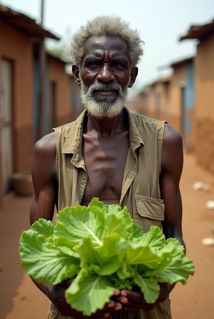 Poor black African man selling lettuce in a poor village