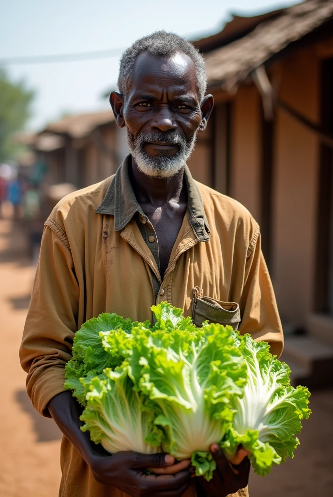 Poor black African man selling lettuce in a poor village