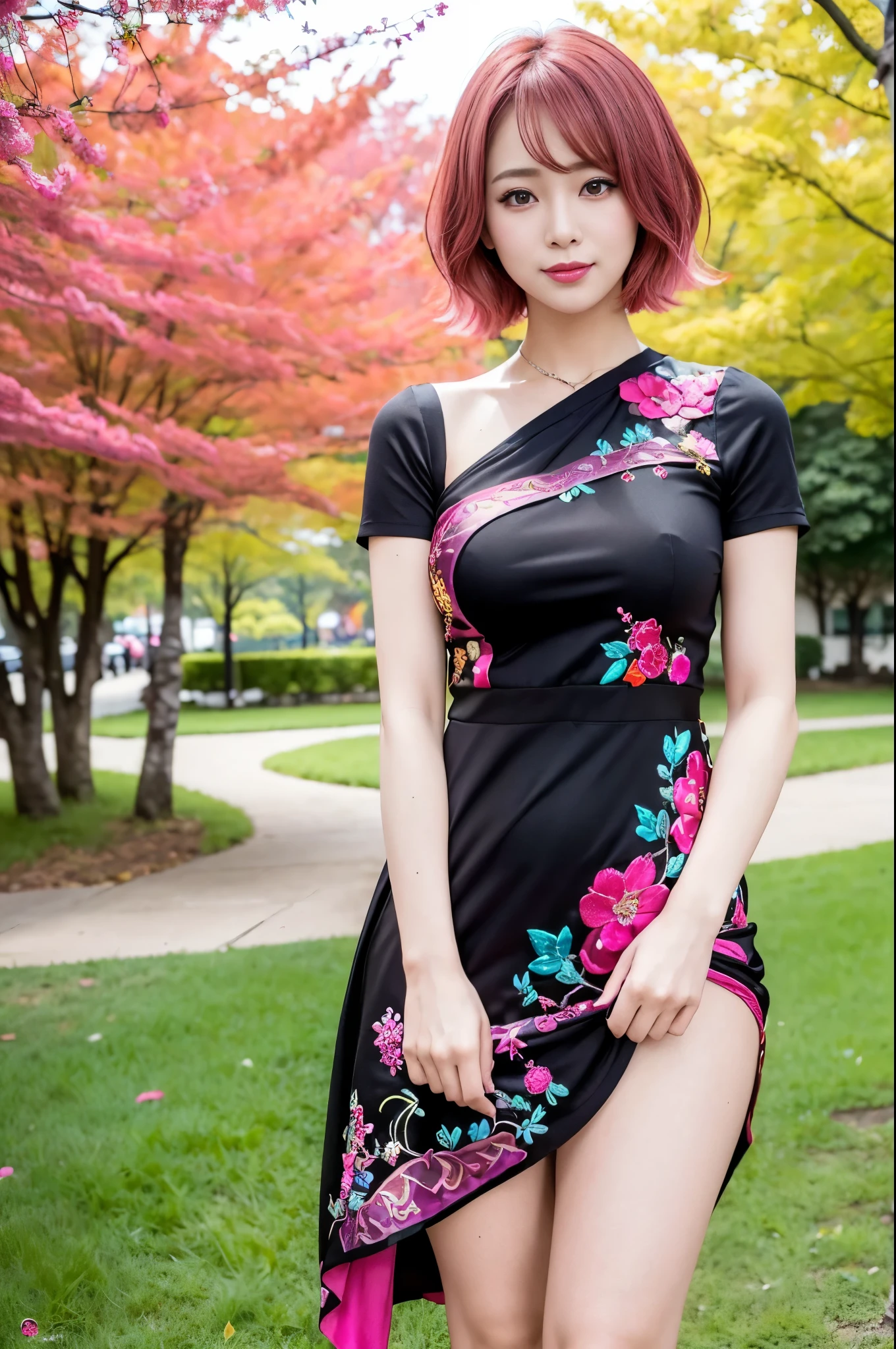 (masterpiece:1.4), (best quality:1.4), ultra high res, ultra high resolution, ((detailed facial features)), HDR, (realistic, photorealistic, photo-realistic:1.37), full body Esbian, sexy Vietnamese model, (-anime), vivid colors, ((vivid colors multicolor (red, pink, fuchsia) very short hair)), (happy smile), lip-gloss, long lashes, defined eyebrows, wearing large sparkling colorful jewelery, wearing a red silk Paradise Kiss cosplay dress with black floral embroidery, ((vivid colors outfit)), vivid colors, look at the camera, cinematic light, large park background with trees, sweet and sexy pose