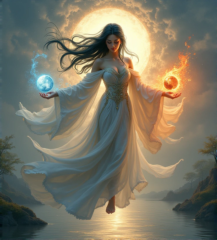 (A serene and powerful goddess:1.4), (embodying the balance of yin and yang:1.5), (half of her form bathed in soft, cool moonlight:1.4), (the other half glowing with warm, golden sunlight:1.4), (long, flowing hair blending black and white strands:1.3), (elegant robes with intricate patterns representing both darkness and light:1.4), (floating gently above a calm, reflective pool:1.4), (one hand holding a glowing orb of yin energy:1.4), (the other holding an orb of yang energy:ntle smile on her face symbolizing harmony:1.4), (surrounded by swirling elements of fire and water, earth and air:1.4), (background of a tranquil, twilight sky merging day and night:1.4), (delicate and highly detailed facial features:1.4), (symbolic imagery of balance and duality woven into her attire:1.4), (soft, ethereal light illuminating her form:1.3), (highly detailed and balanced composition:1.4), (surreal, dreamlike atmosphere:1.3), (vibrant and harmonious color palette:1.4)