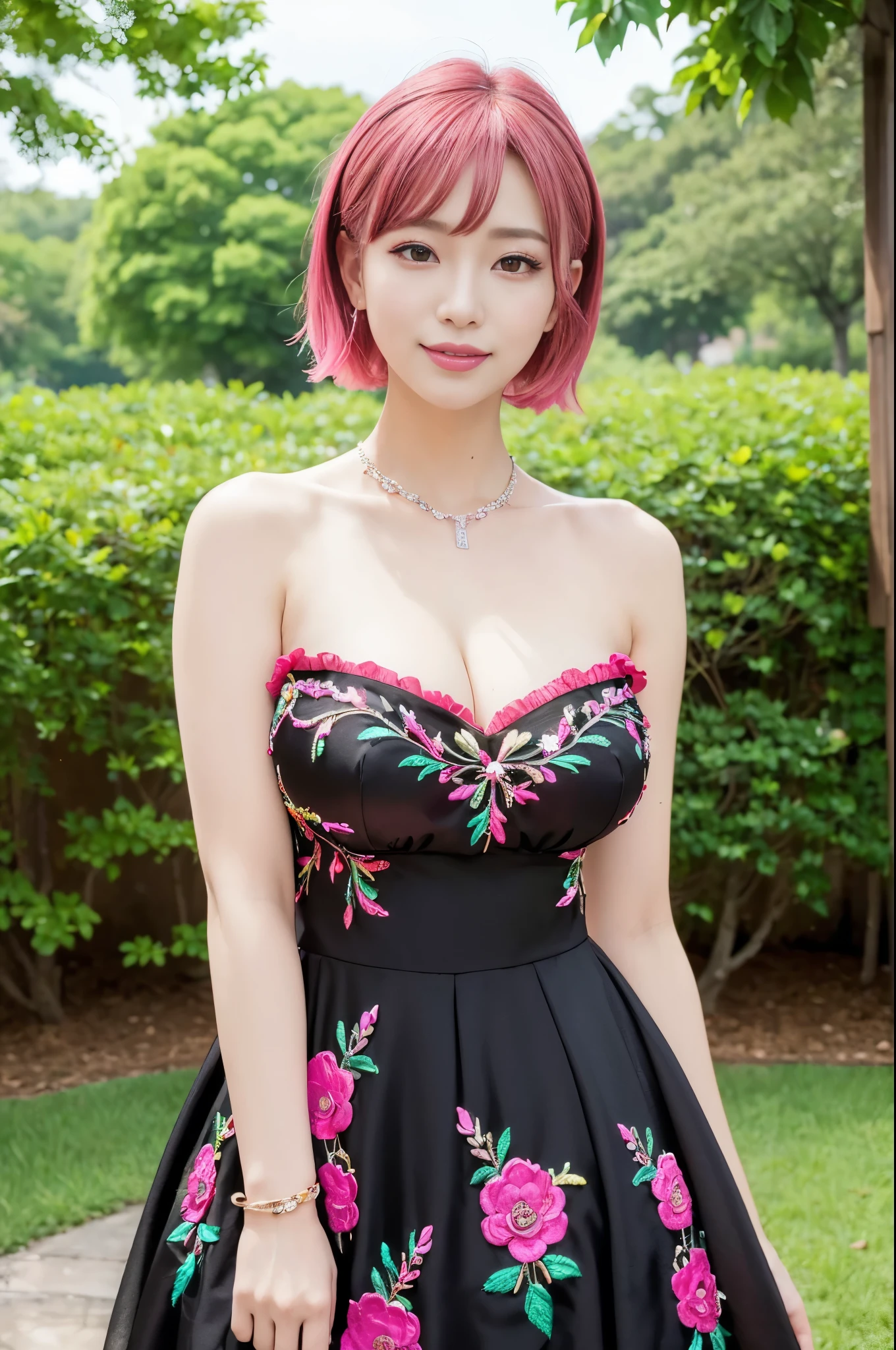 (masterpiece:1.4), (best quality:1.4), ultra high res, ultra high resolution, ((detailed facial features)), HDR, (realistic, photorealistic, photo-realistic:1.37), full body Esbian, sexy Vietnamese model, (-anime), vivid colors, ((vivid colors multicolor (red, pink, fuchsia) very short hair)), (happy smile), lip-gloss, long lashes, defined eyebrows, wearing large sparkling colorful jewelery, wearing a red silk Paradise Kiss cosplay dress with black floral embroidery, ((vivid colors outfit)), vivid colors, look at the camera, cinematic light, large park background with trees, sweet and sexy pose