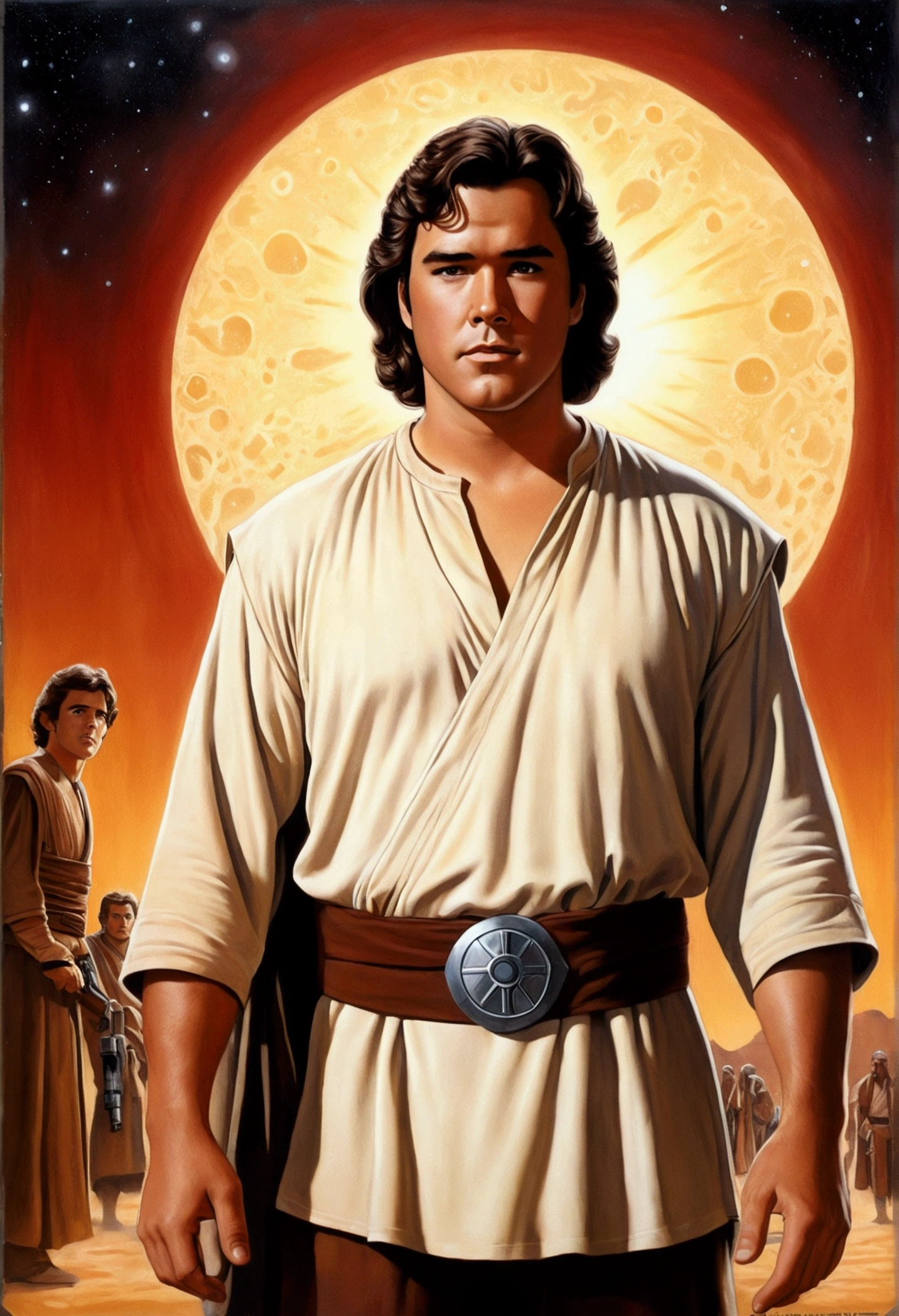 An illustrated movie poster, hand-drawn, full color, a young Jedi, 18-years-old, male, wearing a tunic shirt, portly figure, broad shoulders, muscular, hairy body, lost of body hair, brown eyes, brown-black hair, curly voluminous mane, sun-tanned skin, resembles a young Dean Cain, standing in a seedy cantina, graphite shading, stencil marks, airbrushed acrylic paint, masterpiece, in the style of Drew Struzan