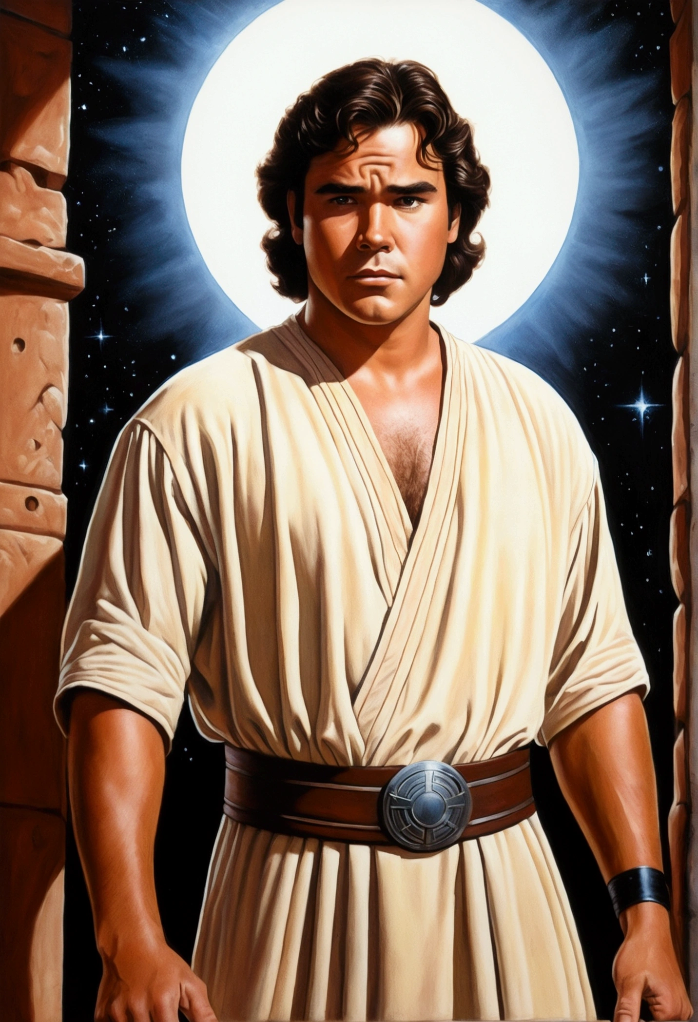 An illustrated movie poster, hand-drawn, full color, a young Jedi, 18-years-old, male, wearing a tunic shirt, portly figure, broad shoulders, muscular, hairy body, lost of body hair, brown eyes, brown-black hair, curly voluminous mane, sun-tanned skin, resembles a young Dean Cain, standing in a seedy cantina, graphite shading, stencil marks, airbrushed acrylic paint, masterpiece, in the style of Drew Struzan