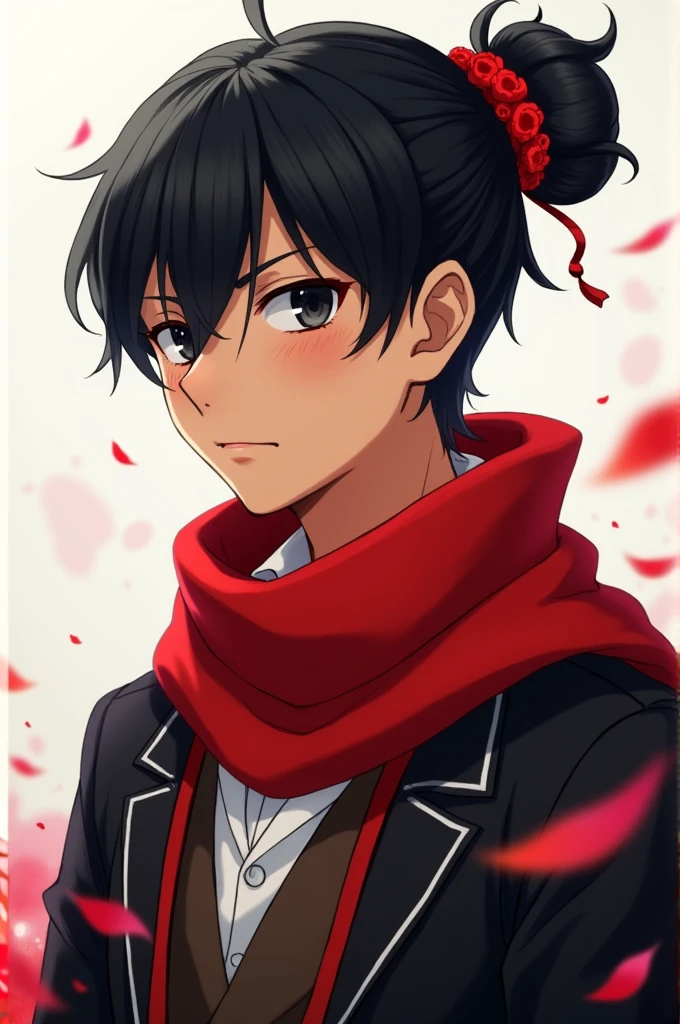 Fanart of an anime boy with black eyes, brown skin color, black hair color. He will be wearing a red bun, Red scarf