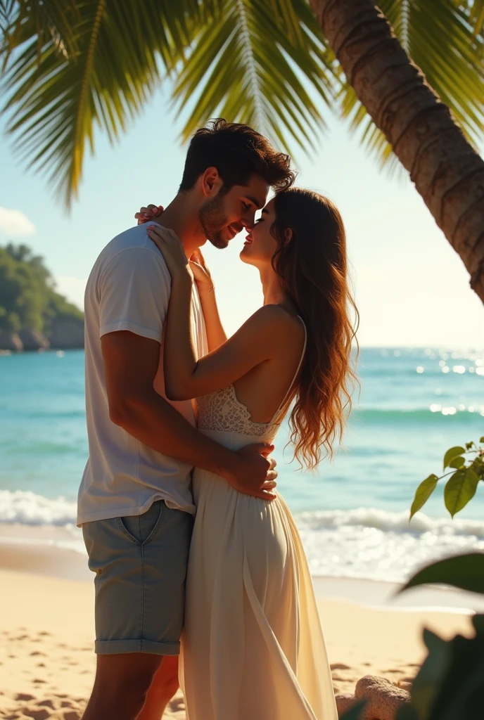 a guy and a girl have sex on the seashore near a tree