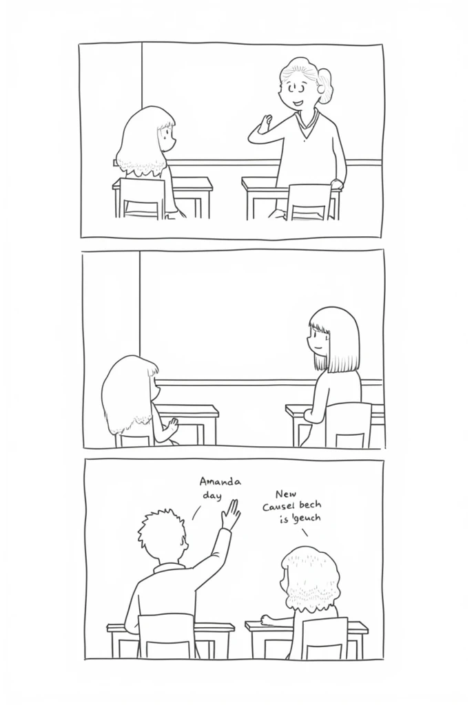 Sketch Suggestions:
Top Left Panel: Draw a classroom with a teacher at the front, blackboard, and students at desks.
Top Right Panel: Show Amanda with her hand raised and the teacher acknowledging her.
Bottom Left Panel: A close-up of Amanda speaking.
Bottom Right Panel: The teacher smiling, Amanda sitting back down, and the teacher praising her.
Keep the drawings simple and expressive to convey the dialogue clearly. Black and white comic easy to draw