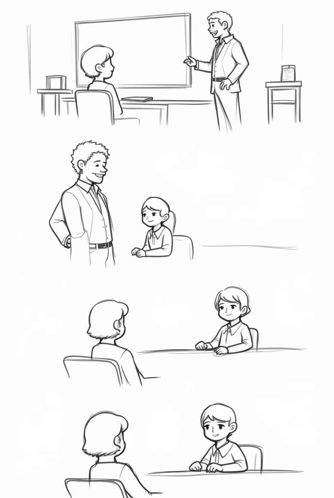 Sketch Suggestions:
Top Left Panel: Draw a classroom with a teacher at the front, blackboard, and students at desks.
Top Right Panel: Show Amanda with her hand raised and the teacher acknowledging her.
Bottom Left Panel: A close-up of Amanda speaking.
Bottom Right Panel: The teacher smiling, Amanda sitting back down, and the teacher praising her.
Keep the drawings simple and expressive to convey the dialogue clearly.