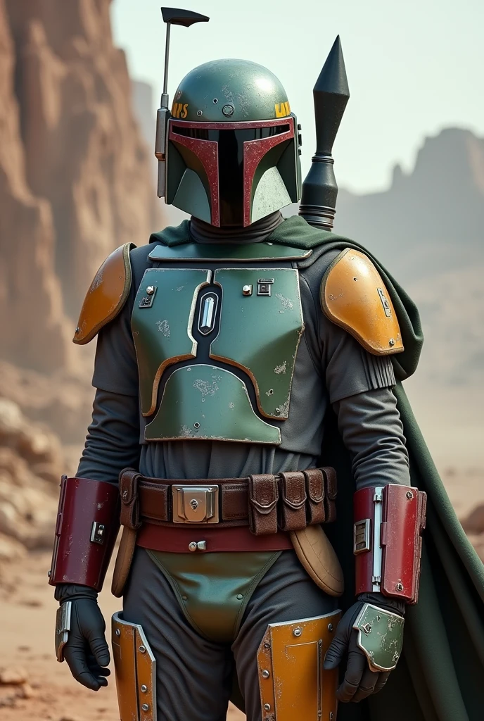 Un mélange entre Boba fett et the mandalorian qui  a l'armure de Boba fett mais en argenté et en réaliste