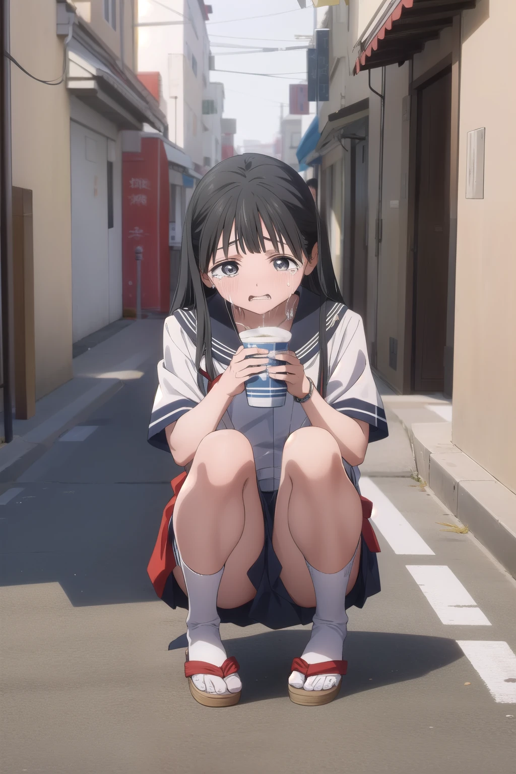 Akebi chan no sailor fuku, Akebi chan, Akebi chan crying, Akebi beggar, Akebi begs, sad face, Akebi chan on her knees in the street, Akebi with an empty cup in front of her