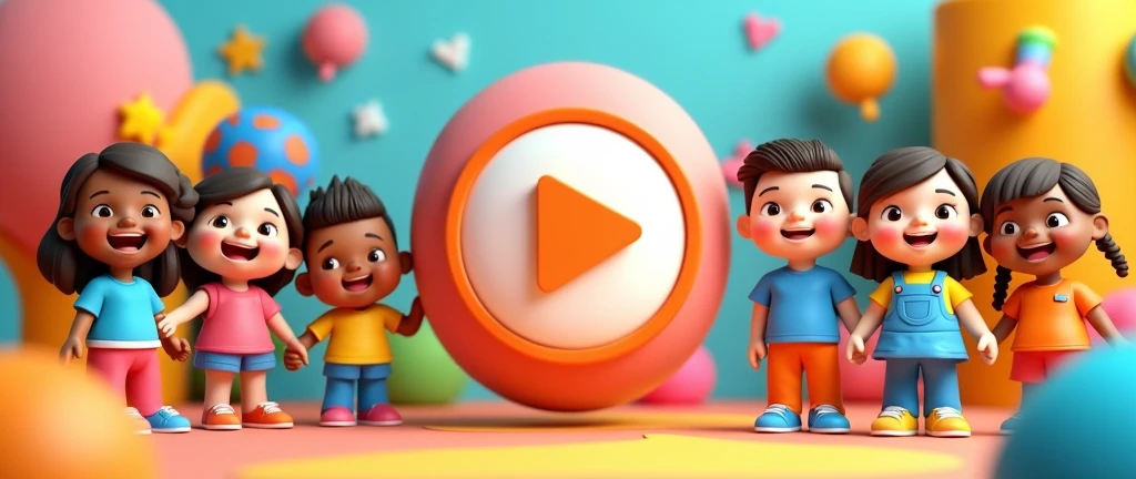 Design a playful and vibrant banner 3D for a children's YouTube channel named 'IuPi Kids'. The logo should feature bright colors, fun illustrations, and a friendly, approachable style. Include multiple children in the design to emphasize the channel’s focus on diverse and engaging content for kids