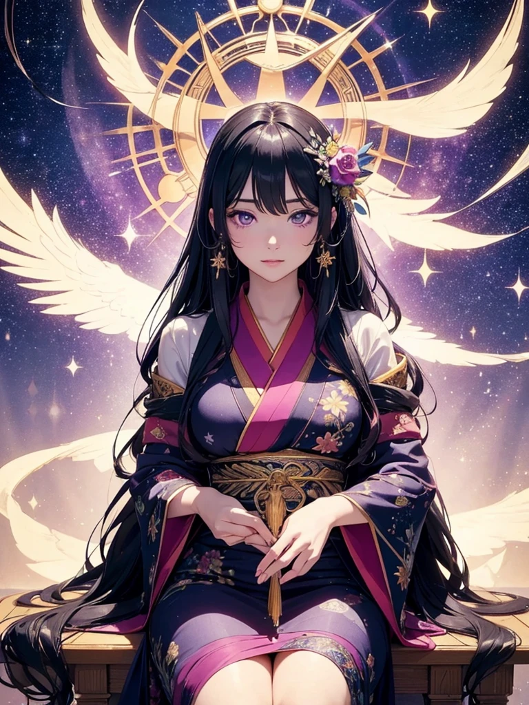 a beautiful detailed goddess with long flowing black hair, purple eyes, sitting on a mysterious chair, wearing a long starry kimono, gazing at the starry night sky, oracle, intricate detailed illustration, starry night background, (best quality,4k,8k,highres,masterpiece:1.2),ultra-detailed,(realistic,photorealistic,photo-realistic:1.37),cinematic lighting,dramatic atmosphere,vibrant colors,magical,ethereal,mystical,spiritual
