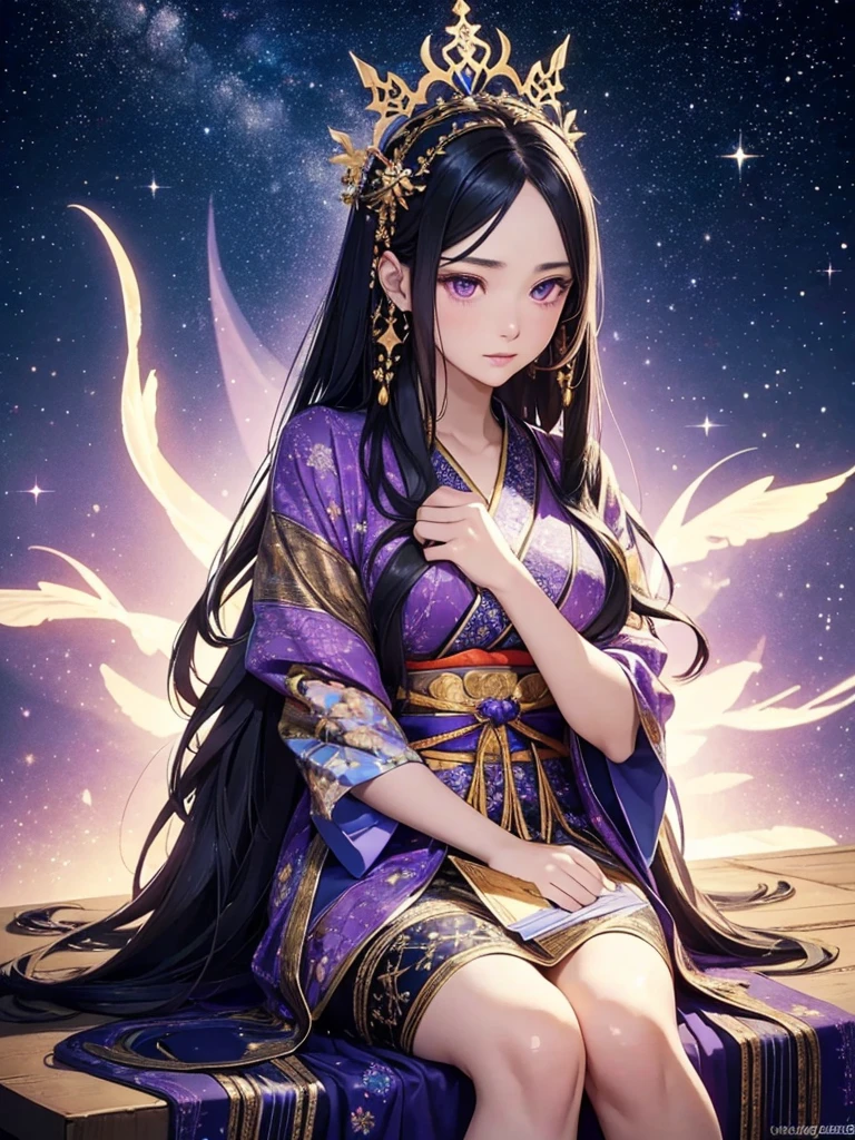 a beautiful detailed goddess with long flowing black hair, purple eyes, sitting on a mysterious chair, wearing a long starry kimono, gazing at the starry night sky, oracle, intricate detailed illustration, starry night background, (best quality,4k,8k,highres,masterpiece:1.2),ultra-detailed,(realistic,photorealistic,photo-realistic:1.37),cinematic lighting,dramatic atmosphere,vibrant colors,magical,ethereal,mystical,spiritual