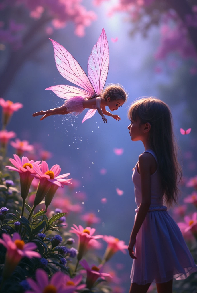 A tiny fairy with iridescent wings, hovering above a flower, talking to a surprised . The garden is filled with sparkling dust and magical light., purple theme