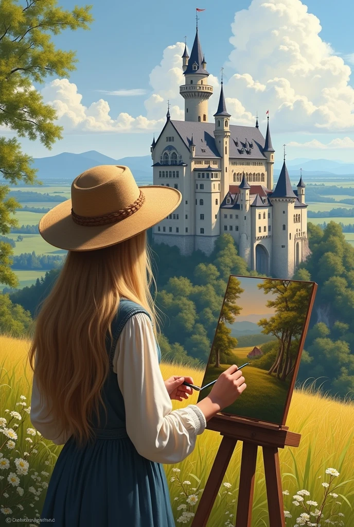 Photo realist, a girl with blonde hair and hat It sits on its back, painting castle in bavaria germany, out door, in the morning