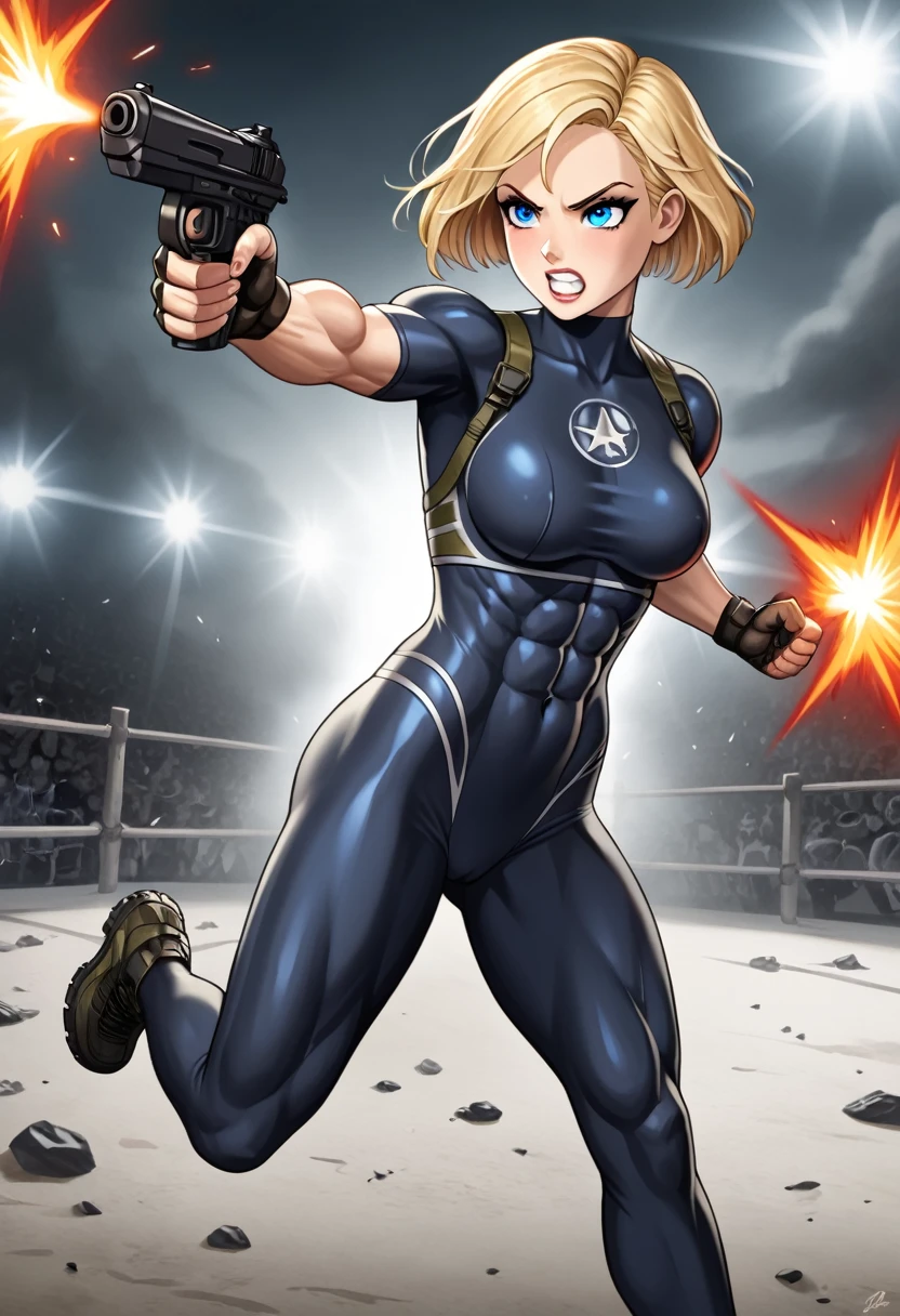 Woman in tight tactical superheroe suit black and pink. Big boobs. Atlhetic muscular action heroine. Fighting the crime. Slim young and very pretty. Hard woman. Blonde. Short hair. Intense and big blue eyes. Armed with very big guns. She is running for her life. Enemies are firing like hell