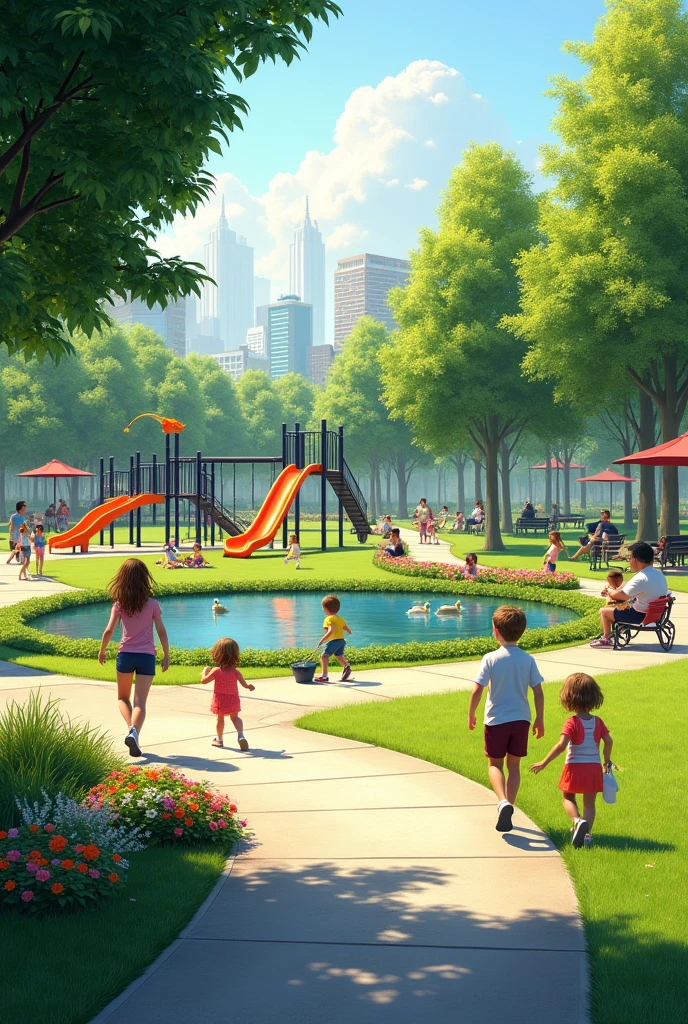Imagine a scene of a vibrant city park during the day. The foreground shows children playing on modern playground equipment, including slides, swings, and climbing structures. In the background, there are adults jogging on well-maintained paths lined with trees and flower beds. People are sitting on benches, reading or talking, while some are having a picnic on the grass. The park features a pond with ducks and a small bridge, enhancing the scenic atmosphere. Trees are abundant, with green foliage and flowers blooming, highlighting the focus on more green spaces.