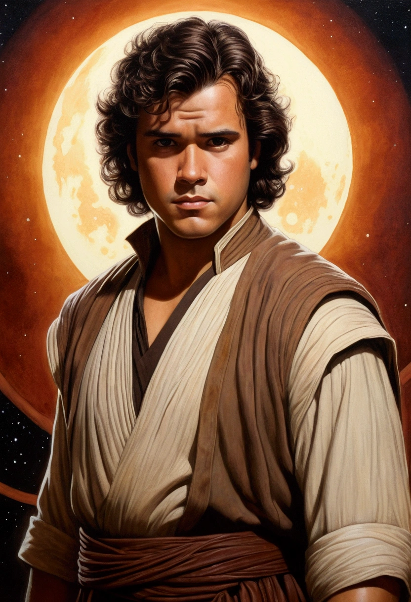 An illustrated movie poster, hand-drawn, full color, a Jedi Knight, 25-years-old, male, wearing a tunic shirt, portly figure, broad shoulders, muscular, hairy body, lost of body hair, brown eyes, brown-black hair, curly voluminous mane, sun-tanned skin, resembles Gavin Leatherwood, standing in a seedy cantina, graphite shading, stencil marks, airbrushed acrylic paint, masterpiece, in the style of Drew Struzan