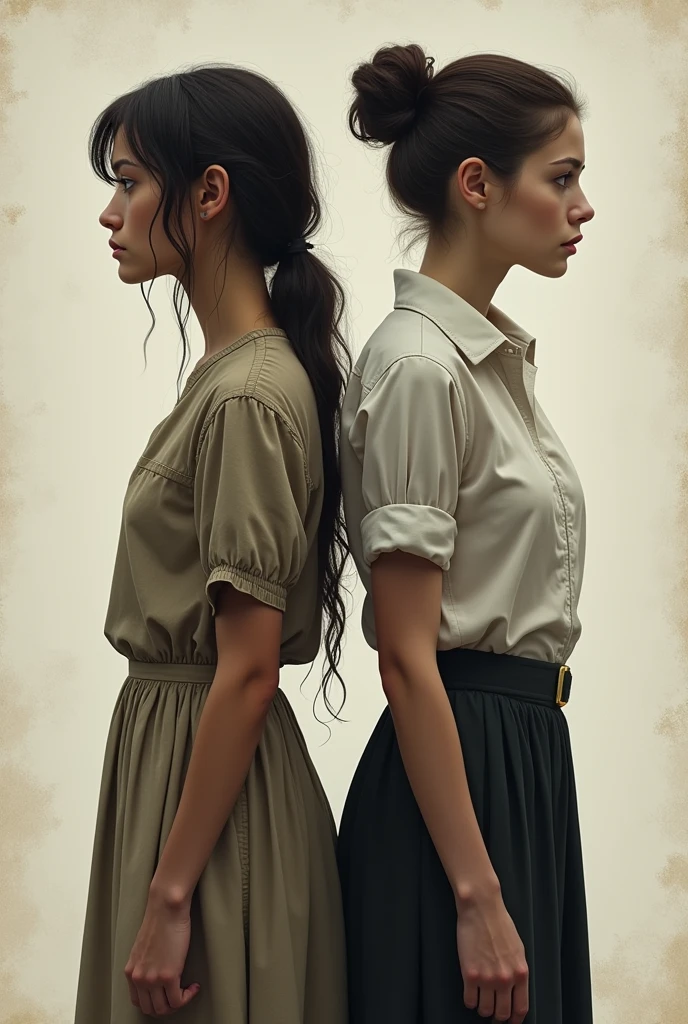 Make an image of two women who are different from each other, standing backwards, one being a simple peasant woman with loose hair and the other a secretary with her hair tied up, both with serious expressions