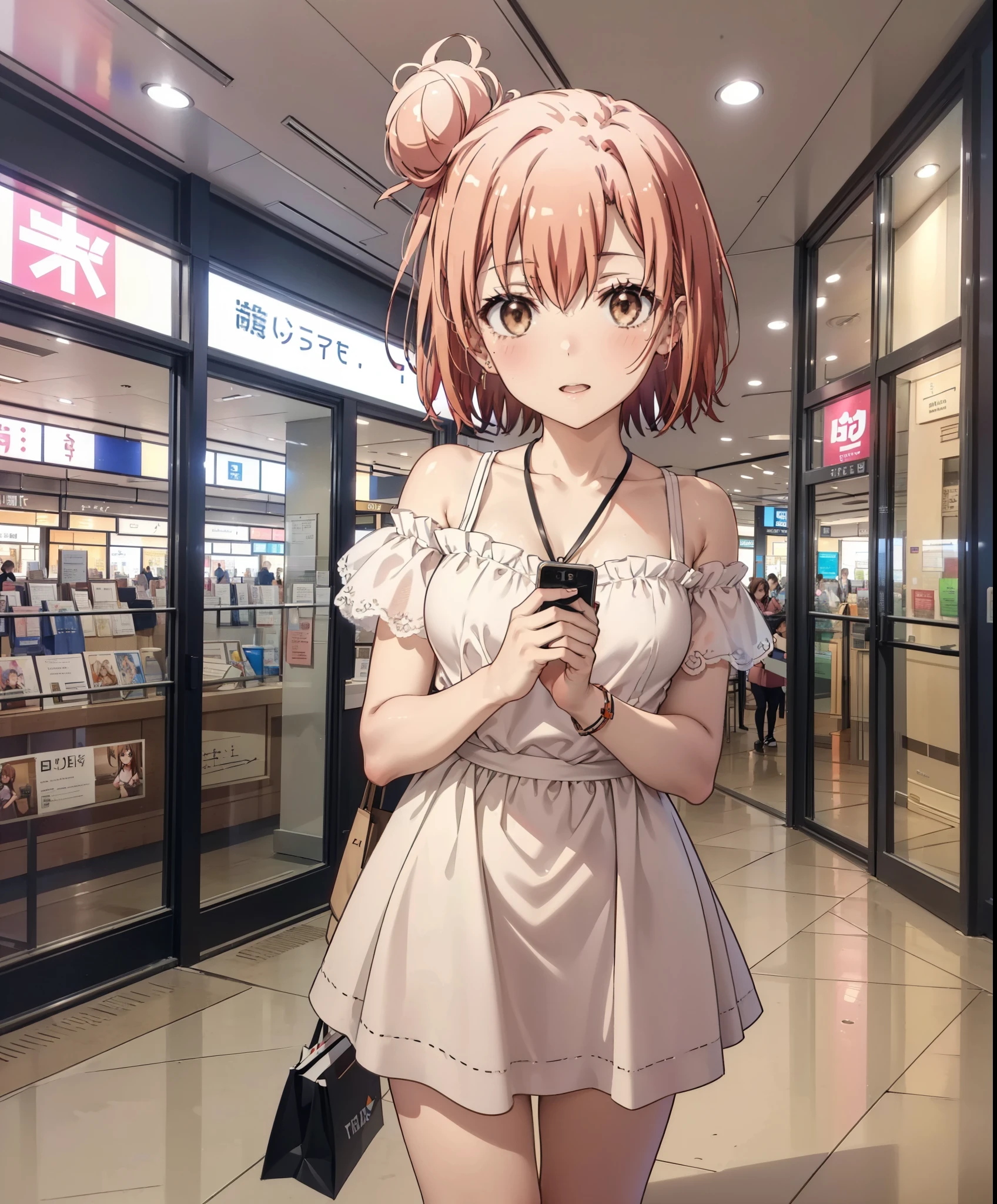 yuiyuigahama, yui yuigahama, short hair, (Brown eyes:1.5), (Pink Hair:1.2), Hair Bun, single Hair Bun,Big Breasts,smile,blush,Open your mouth,Off-the-shoulder dress,Bare shoulders,bare clavicle,Bare neck,Rocket Pendant,mini skirt,Cute heeled sandals,Daytime,Clear skies,Walking,whole bodyがイラストに入るように,
break indoors,Shopping mall,
break looking at viewer, whole body,
break (masterpiece:1.2), Highest quality, High resolution, unity 8k wallpaper, (figure:0.8), (Beautiful attention to detail:1.6), Highly detailed face, Perfect lighting, Highly detailed CG, (Perfect hands, Perfect Anatomy),