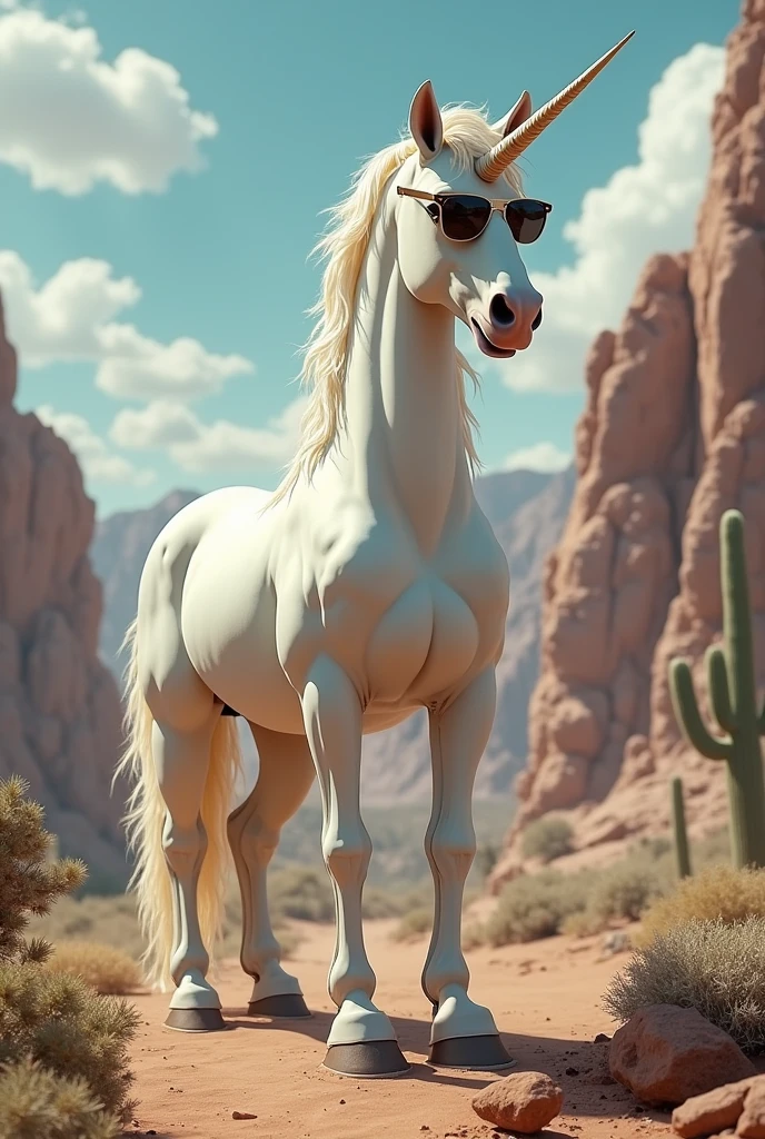 I would like a standing white unicorn with pointed sunglasses, and hands instead of hooves.I would like it to be in a mature style, and the art should be in a fantasy and RPG style set in the Old West.