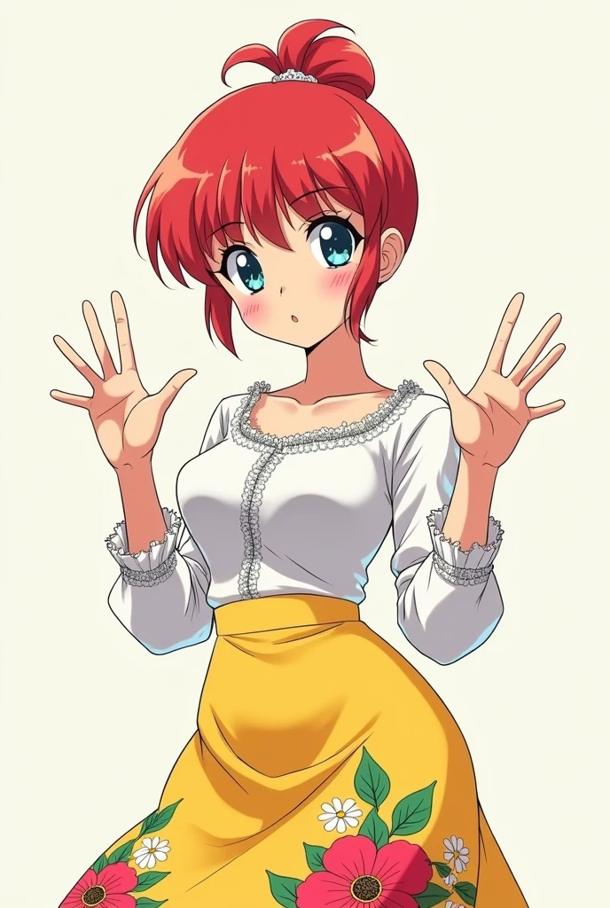 Colored female Saotome Ranma prototype, make a girl,Clear contours, Colorful full body photos, (Beautiful and delicate eyes), (pretty face:1.3), childish face, Red short hair with single ponytail, (Bangs), bumpy Bangs, blue gray eyes, big eyes，Large Breasts，Full body image, Fitted white long-sleeved shirt(細Floral及蕾絲邊),Yellow printed high waist long skirt(actual:1.2),(Floral),  (actual:1.7),Face the camera head-on，Bend one foot slightly against the calf of the other leg，Make a Y gesture with your hands。