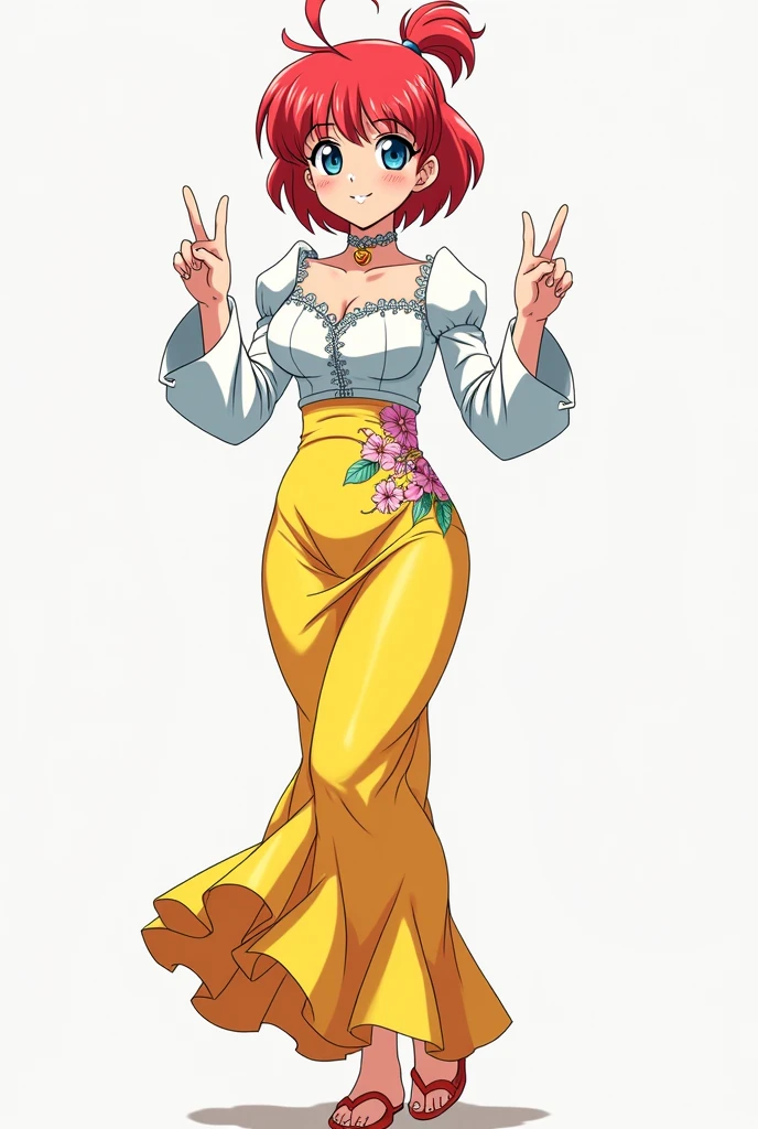 Colored female Saotome Ranma prototype, make a girl,Clear contours, Colorful full body photos, (Beautiful and delicate eyes), (pretty face:1.3), childish face, Red short hair with single ponytail, (Bangs), bumpy Bangs, blue gray eyes, big eyes,Large Breasts,Full body image, Fitted white long-sleeved shirt(細Floral及蕾絲邊),Yellow printed high waist long skirt(actual:1.2),(Floral), (actual:1.7),Face the camera head-on,Bend one foot slightly against the calf of the other leg,Make a Y gesture with your hands。