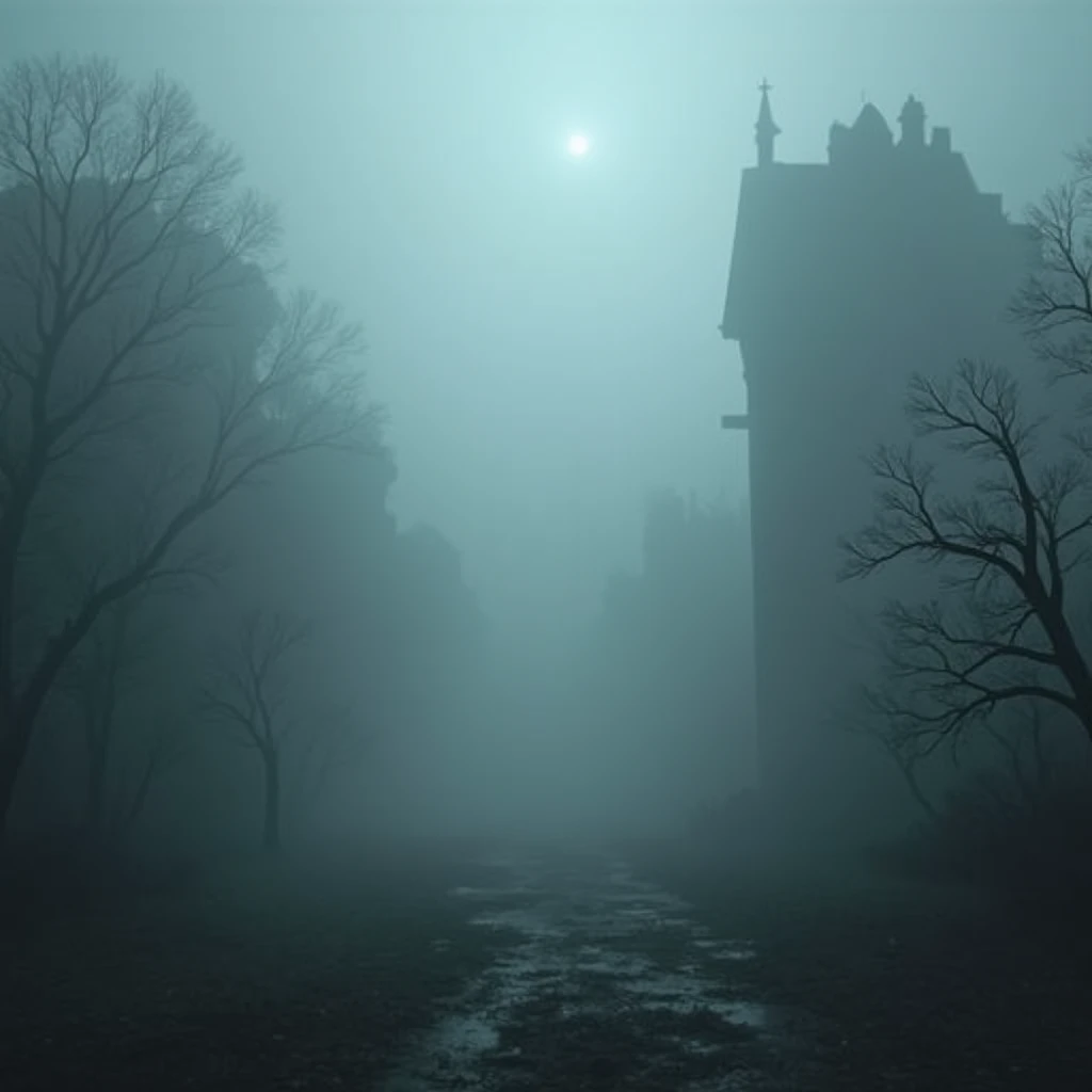 A very dark and realistic foggy place