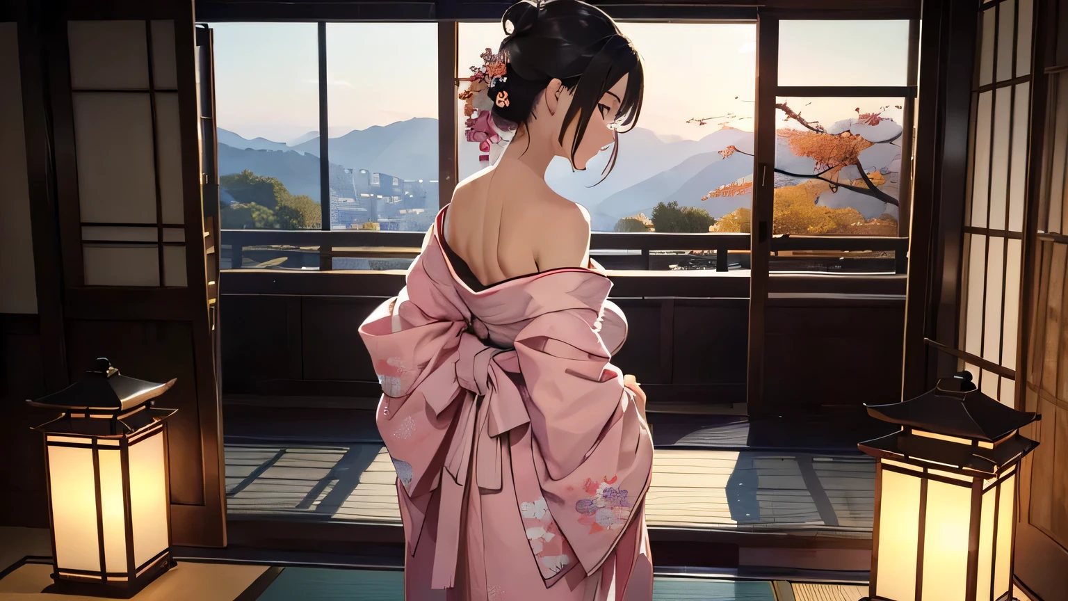 ((Highest quality)), ((masterpiece)), (detailed), One person, Off-the-shoulder sweater, Twelve-layered kimono、Light pink kimono、Back view、Lantern、Twilight、Tatami room、A window with a view of autumn leaves、Standing posture