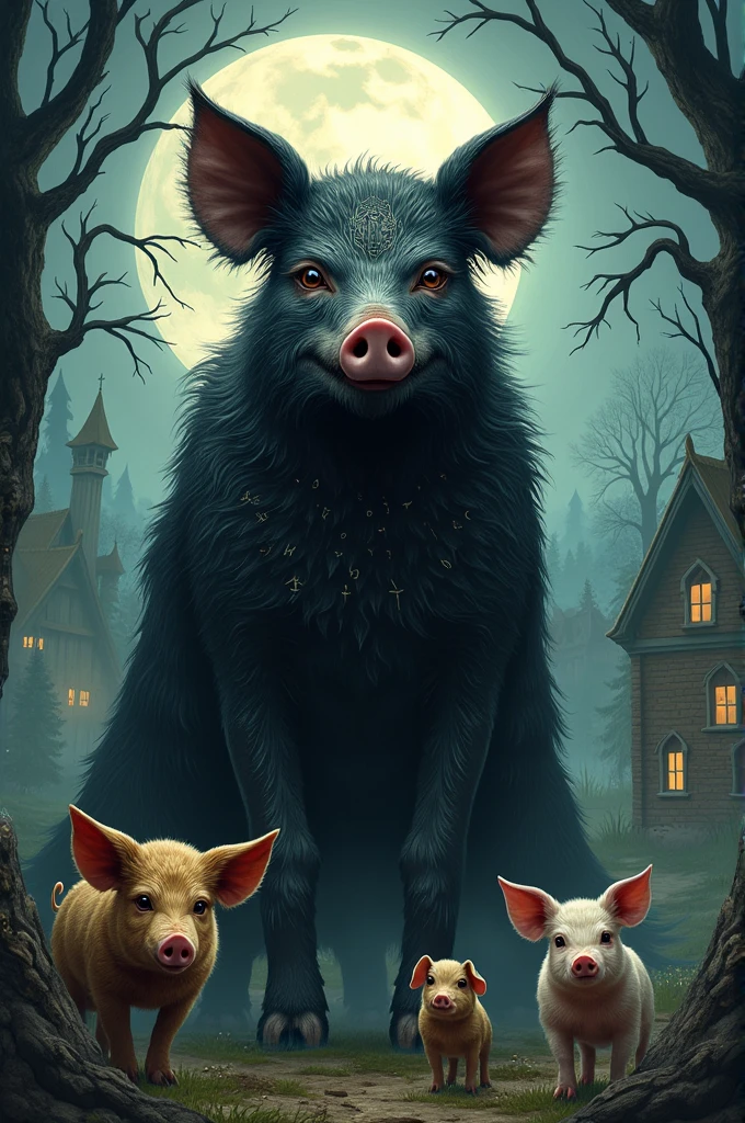 Design the cover of the tale of the 3 little pigs but with the mother being a witch pig