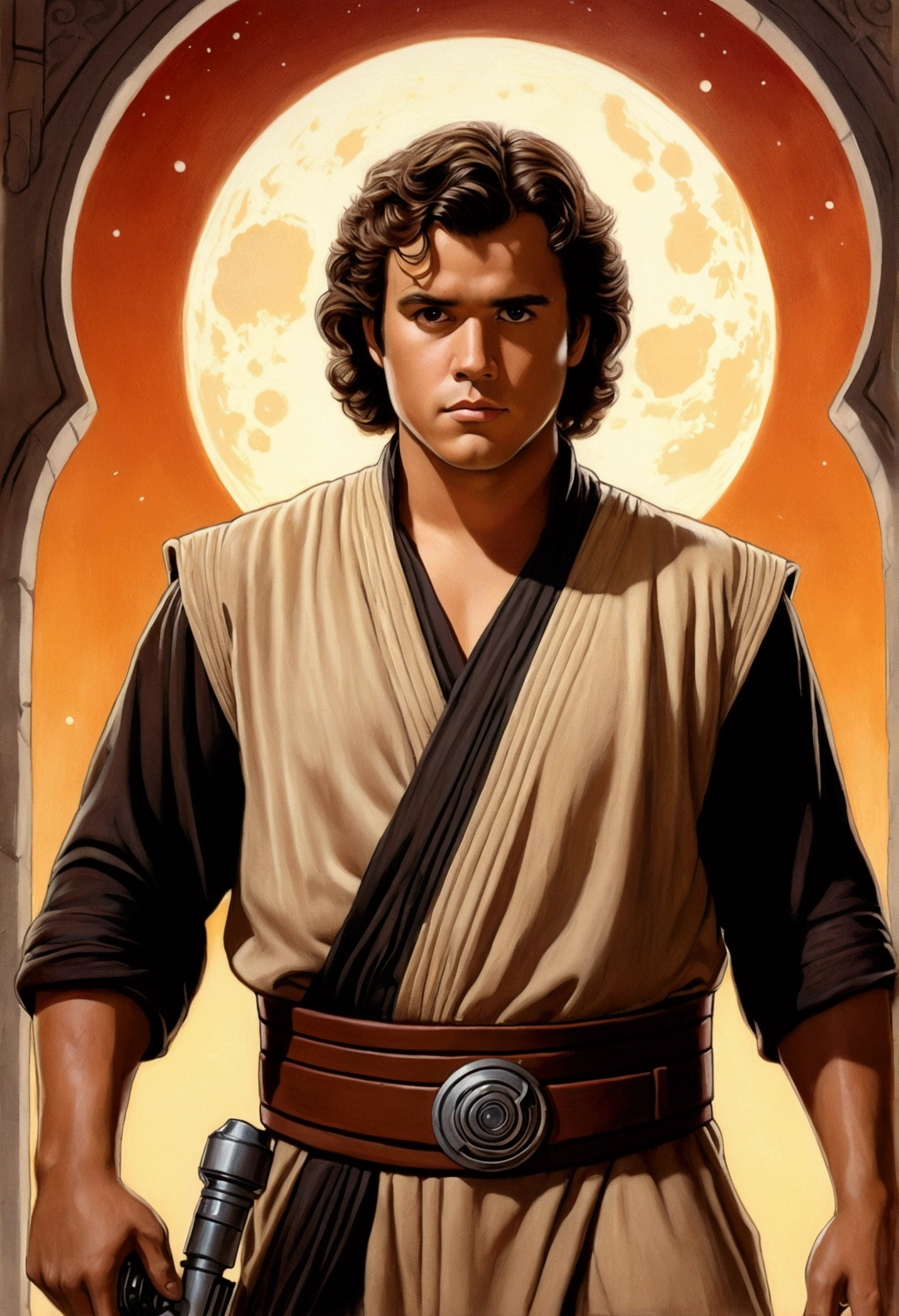 An illustrated movie poster, hand-drawn, full color, a Jedi Knight, 25-years-old, male, wearing a tunic shirt, portly figure, broad shoulders, muscular, hairy body, lost of body hair, brown eyes, brown-black hair, curly voluminous mane, sun-tanned skin, resembles Gavin Leatherwood, standing in a seedy cantina, graphite shading, stencil marks, airbrushed acrylic paint, masterpiece, in the style of Drew Struzan