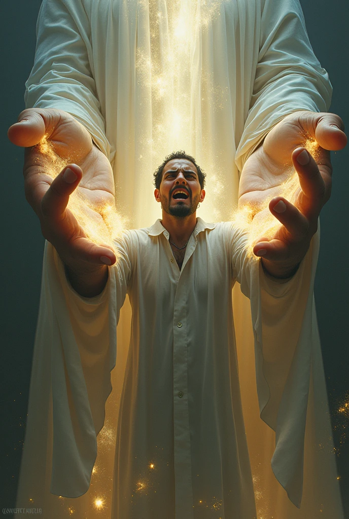 Person in fear held by the hands of God