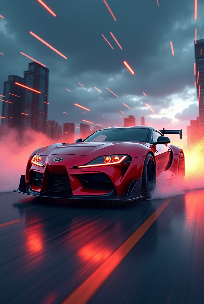 Toyota supra MK4. Flying car. Future design. Super fast car. Lighting speed effect. Rocket booster on car. Rocket bunny car.