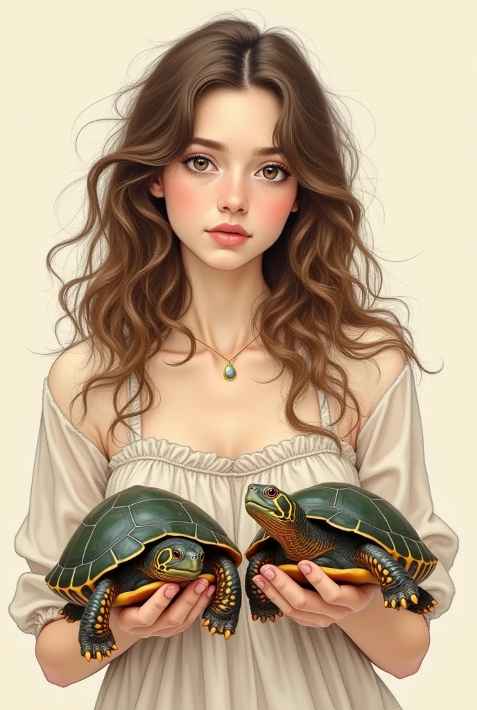 A wavy brown haired white skin tone, She has to be holding two red-footed tortoises, make it look more like a drawing