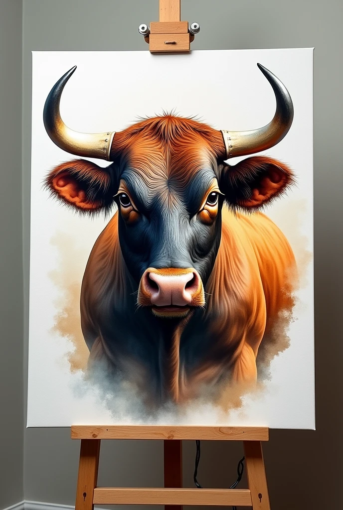 A REALISTIC PAINTING OF A BULL'S FACE INSIDE A CANVAS ON AN EASEL, water colour , modern abstract,high resolution,high quality