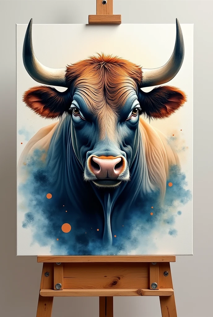 A REALISTIC PAINTING OF A BULL'S FACE INSIDE A CANVAS ON AN EASEL, water colour , modern abstract,high resolution,high quality