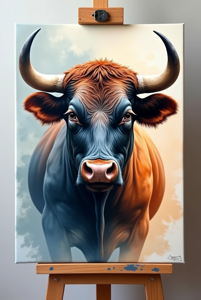 A REALISTIC PAINTING OF A BULL'S FACE INSIDE A CANVAS ON AN EASEL, water colour , modern abstract,high resolution,high quality