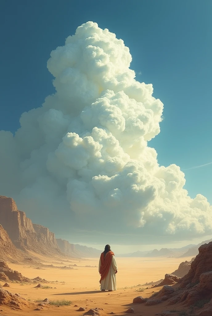 A person in the desert and a mysterious cloud above that person as described in the Bible