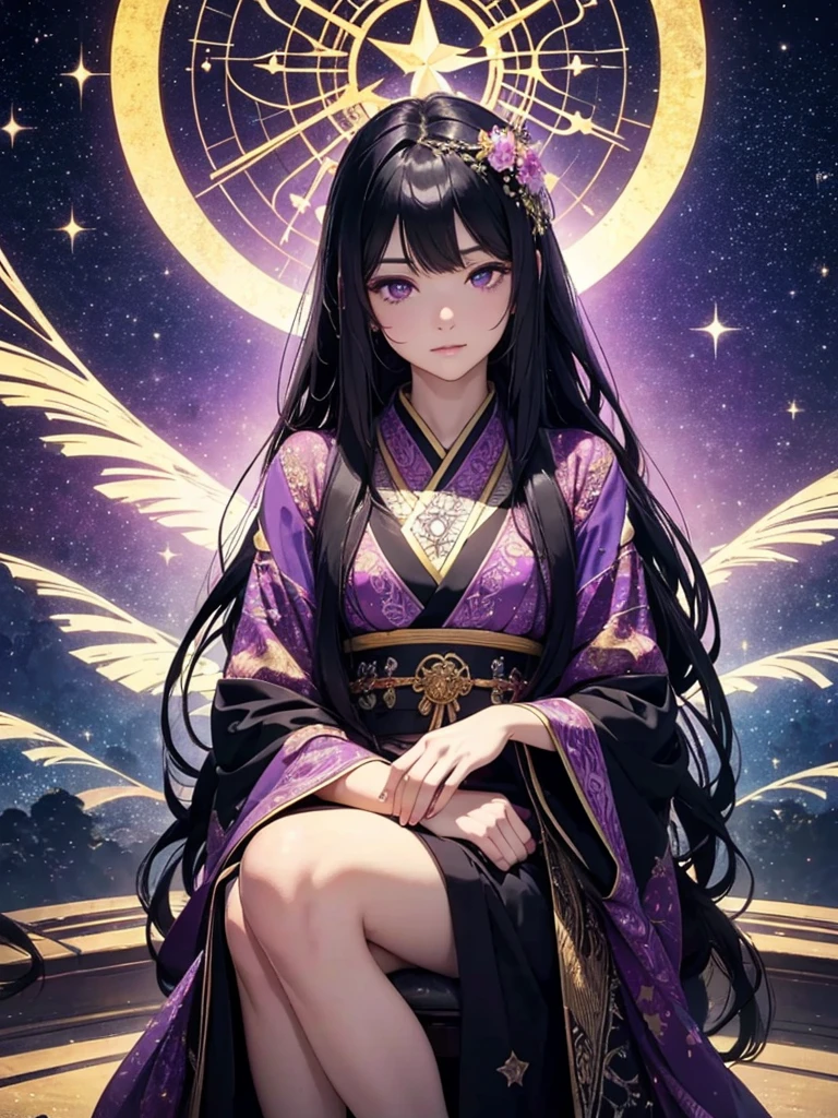 a beautiful detailed goddess with long flowing black hair, purple eyes, sitting on a mysterious chair, wearing a long starry kimono, gazing at the starry night sky, oracle, intricate detailed illustration, starry night background, (best quality,4k,8k,highres,masterpiece:1.2),ultra-detailed,(realistic,photorealistic,photo-realistic:1.37),cinematic lighting,dramatic atmosphere,vibrant colors,magical,ethereal,mystical,spiritual