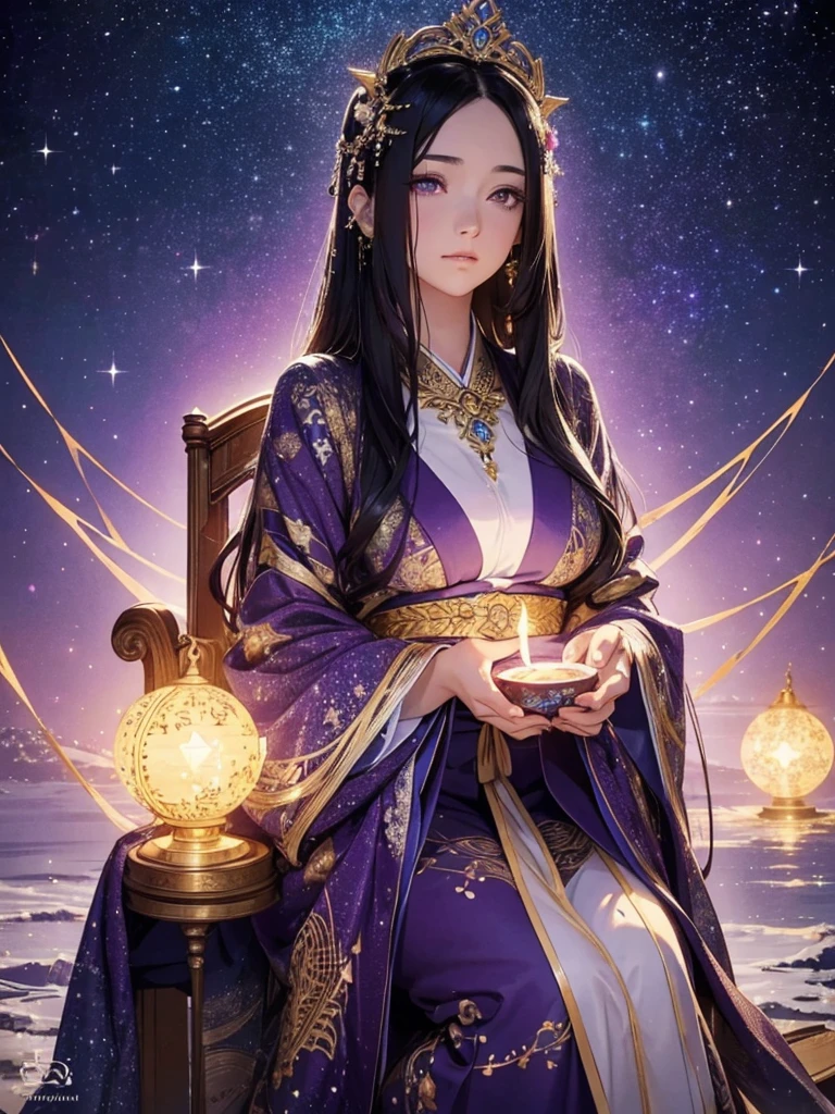 a beautiful detailed goddess with long flowing black hair, purple eyes, sitting on a mysterious chair, wearing a long starry kimono, gazing at the starry night sky, oracle, intricate detailed illustration, starry night background, (best quality,4k,8k,highres,masterpiece:1.2),ultra-detailed,(realistic,photorealistic,photo-realistic:1.37),cinematic lighting,dramatic atmosphere,vibrant colors,magical,ethereal,mystical,spiritual