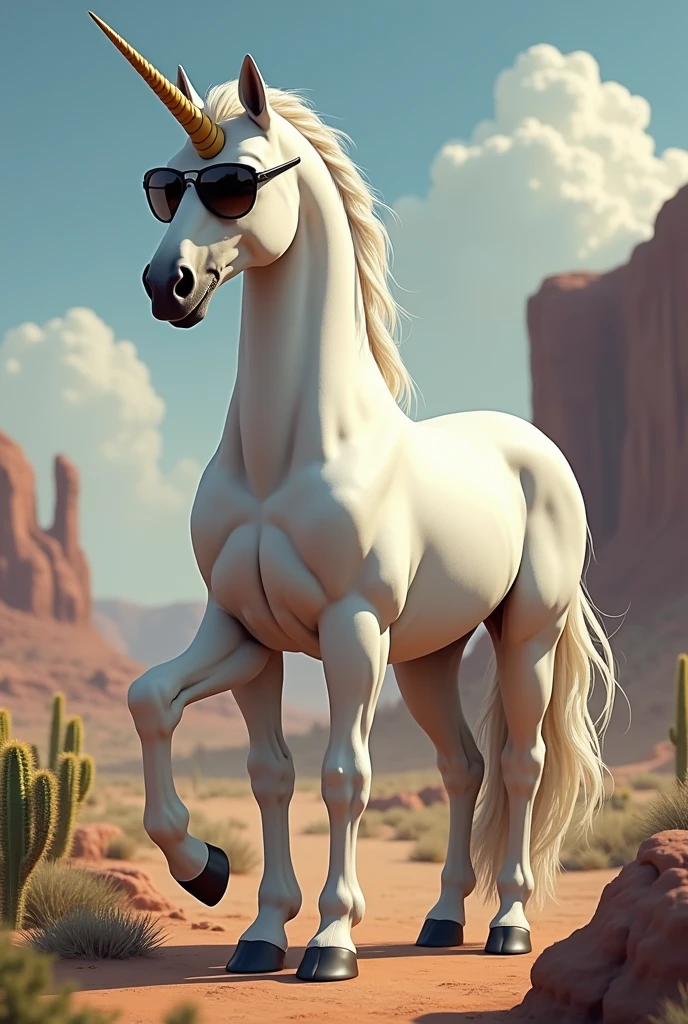 I would like a standing white unicorn with pointed sunglasses, and hands instead of hooves.I would like it to be in a mature style, and the art should be in a fantasy and RPG style set in the Old West.