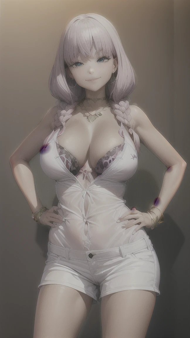 masterpiece, Highest quality, High resolution, Long Hair, Pink Hair, Braiding, Red eyes, Earrings, Kogaru Gal, jewelry, hair ornaments, bracelet, (Sunburn), (Compensate), Polished nails, Long nails, Saggy breasts, Huge breasts, Dress shirt, Shorts, Bra Peek, Purple leopard print, Dark Skin, 🤩, Hands on hips